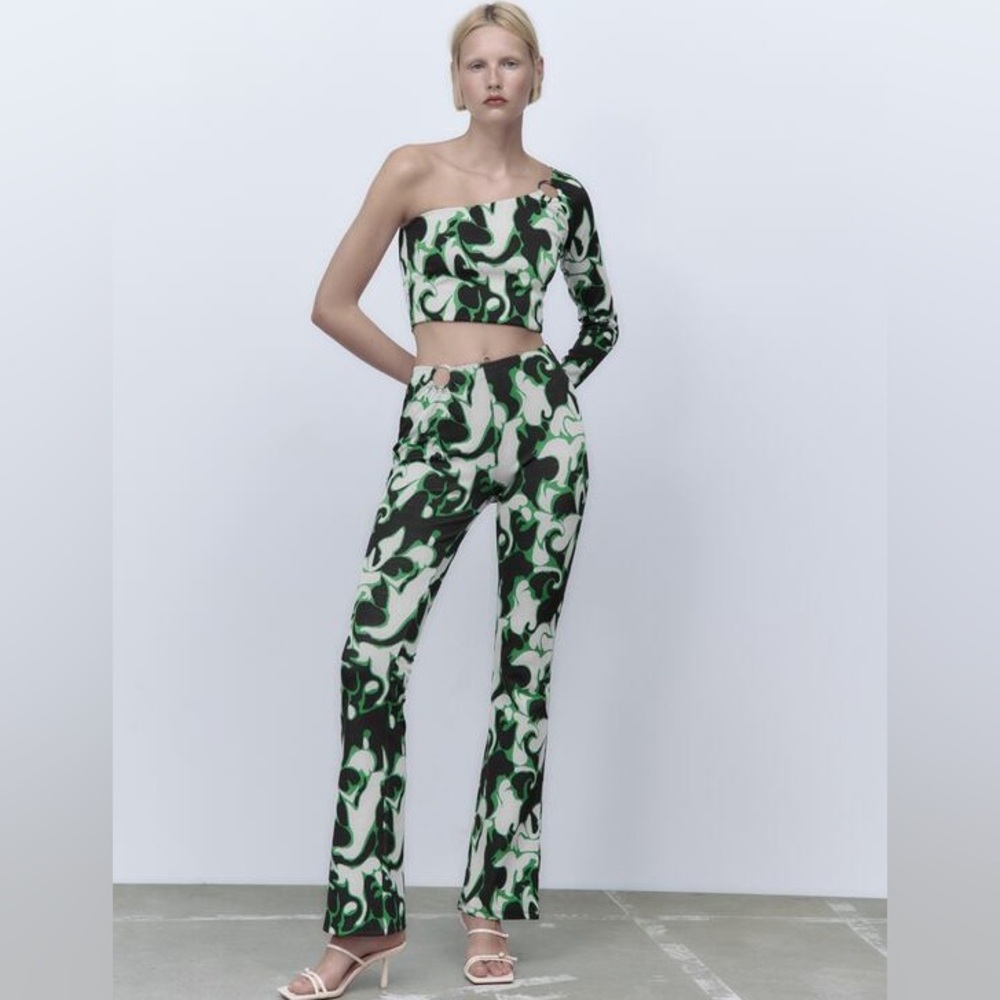 Zara Jacquard One Shoulder Crop Top & Pants 2 Pc Set